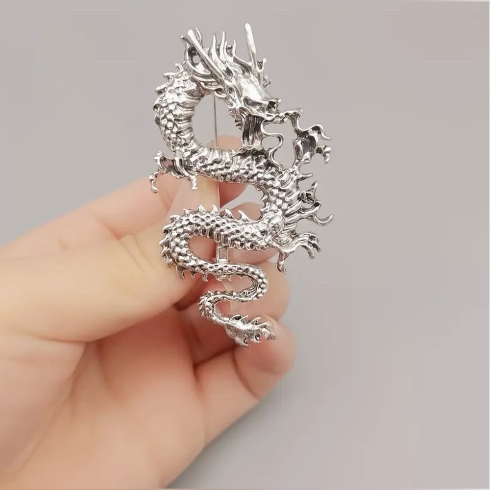 Chinese Zodiac Dragon Fantasy Brooch Modern New Silver Tone Year of the Dragon